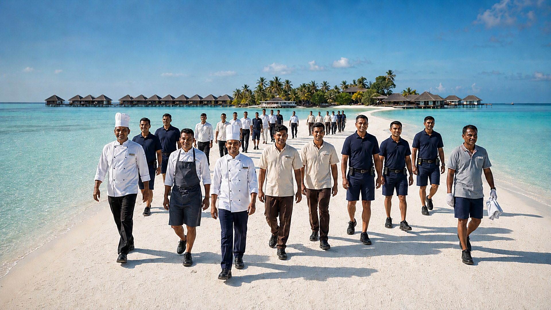 Elevate Industries workforce — chefs, housekeeping, front-office, maintenance and security staff walking together along a white Maldivian sandbank with overwater villas behind them